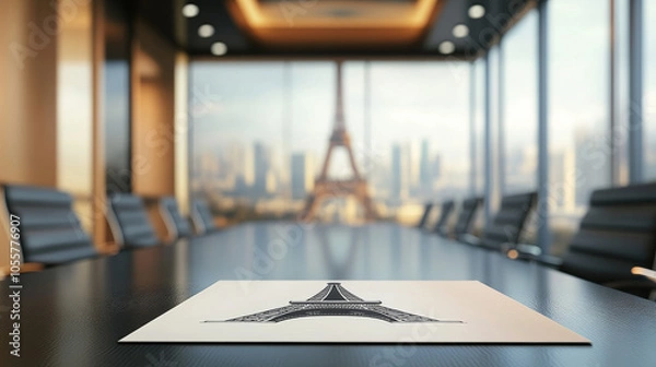 Fototapeta A sheet of paper with a picture of the Eiffel Tower on a desk