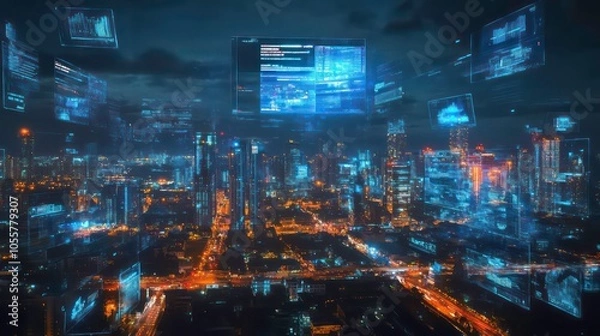 Fototapeta A futuristic cityscape with digital data overlays and glowing interfaces.