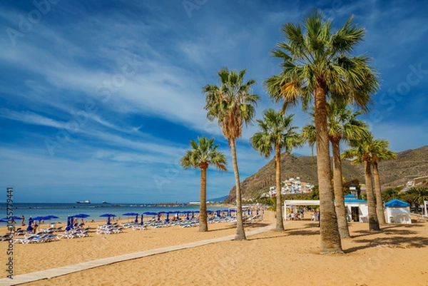 Fototapeta The serene Las Teresitas beach, framed by golden sands, calm blue waters, and tropical palms with mountains rising in the background