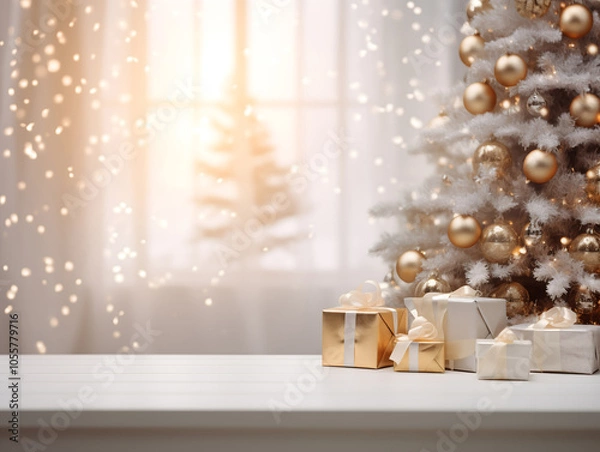 Fototapeta White & gold Christmas scene with presents, blurred bokeh lights and fairy lights, white table