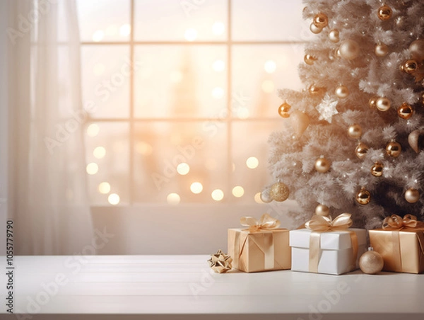 Fototapeta White & gold Christmas scene with presents, on table blurred bokeh lights and fairy lights with table