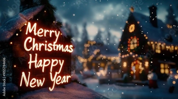 Fototapeta "Merry Christmas" & "Happy New Year" text glowing against a snowy village backdrop with twinkling lights.