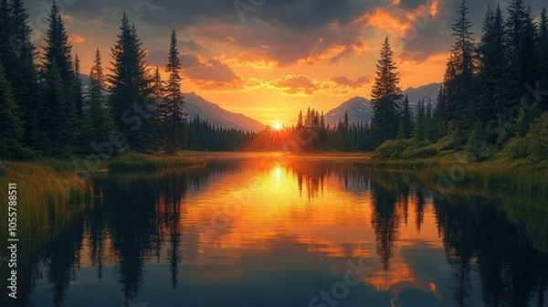 Fototapeta Serene sunset over a tranquil lake surrounded by mountains.