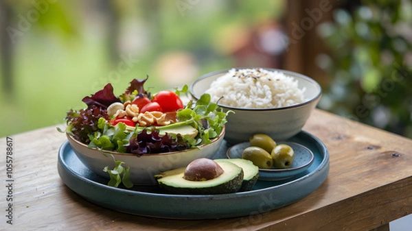 Fototapeta Beautifully arranged plate of healthy food on wooden table, embodying the concept of mindful eating, fresh ingredients, and balanced nutrition.