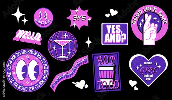 Fototapeta Y2K funky girly vector sticker set, popular gen z memes and quotes, perfect for stickers, badges, pins and other accessories. Groovy trendy design elements.