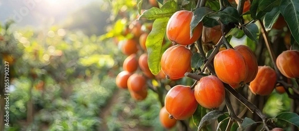 Fototapeta Ripe Persimmon Trabzon Hurmasi Ripe Date Palm Fruit Hanging On Tree Branch In Orchard