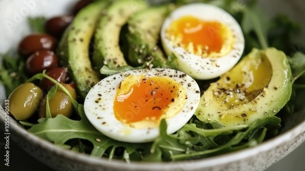 Fototapeta Nutritious salad featuring arugula avocado eggs and olives