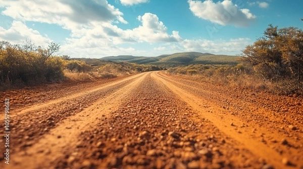 Fototapeta Low angle view of a red mud dry soil road pavement texture background