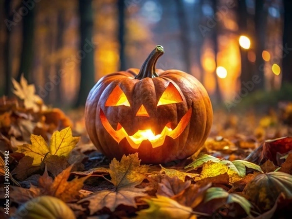 Obraz Eerie Glow of a Carved Jack-o'-Lantern on Damp Ground with Leaves