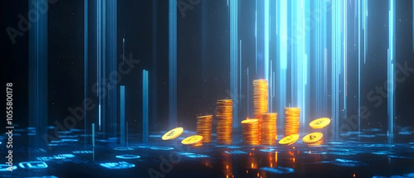 Fototapeta dollar production, coins, stock graphs, and Bitcoin in various creative graphic styles