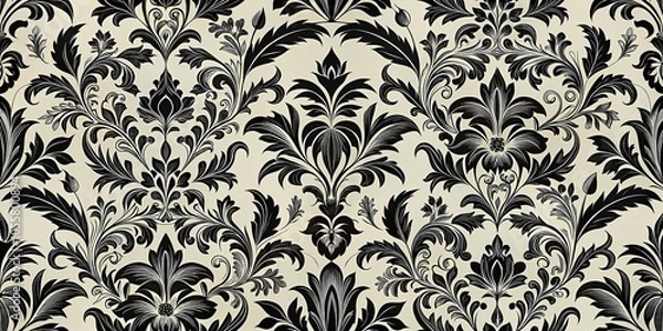 Fototapeta Elegant Black Vintage Floral Leaves Pattern on White Background for Classic Decor and Design Use