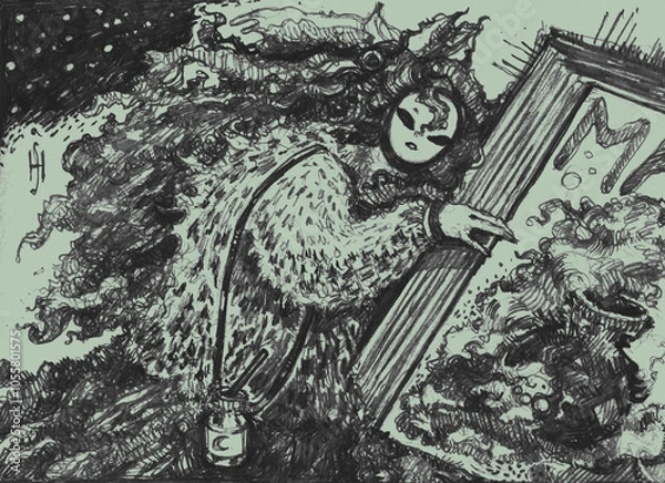 Fototapeta An original pencil illustration of a girl holding a book, with dark, gothic elements. Evocative and mysterious, ideal for fantasy, gothic, and dark-themed art projects.