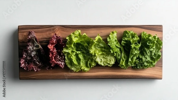 Fototapeta Sliced green and red lettuce on wooden board, isolated, white background