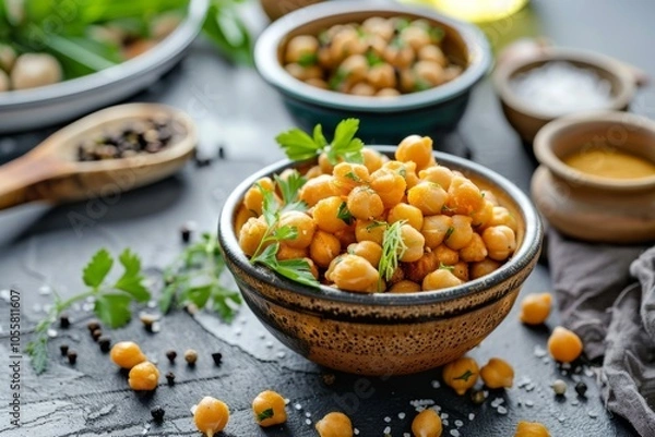 Fototapeta A rustic bowl of marinated chickpeas garnished with fresh herbs sits on a textured table, surrounded by spices, highlighting a wholesome culinary experience.