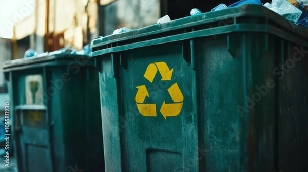 Obraz Daytime urban recycling bins brimming with plastic bottles