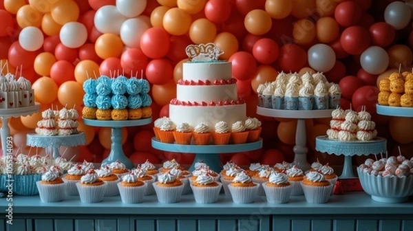 Obraz A colorful dessert display featuring cakes and cupcakes for a celebration.