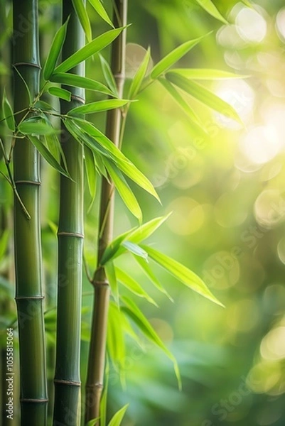 Fototapeta A row of bamboo plants with leaves in the foreground and background