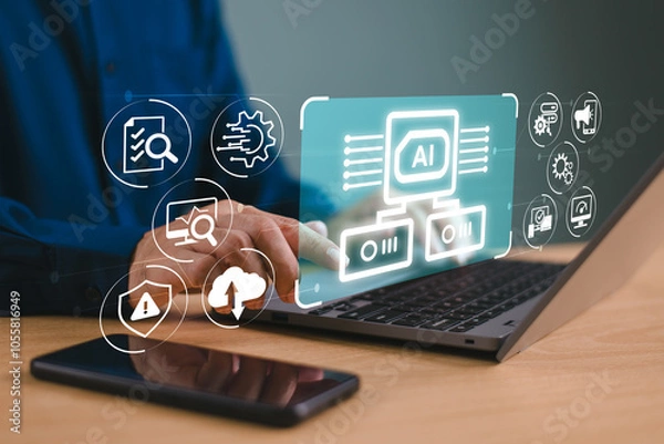 Obraz Ai artificial intelligence concept. Man analyst big data technology on computer, smart phone for business analysis. Data management system, KPI database technology finance, operation, sale marketing