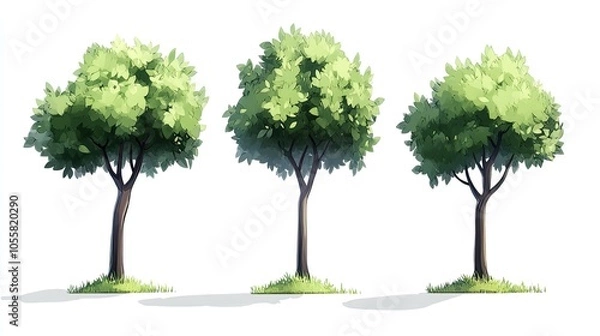 Fototapeta Stylized set of cartoon green trees with minimalistic foliage, isolated on white for game design