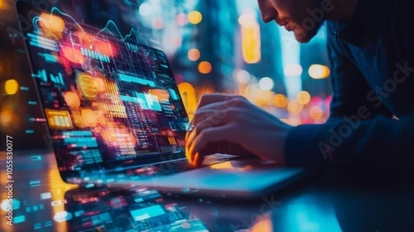 Fototapeta Person typing on laptop with digital data interface