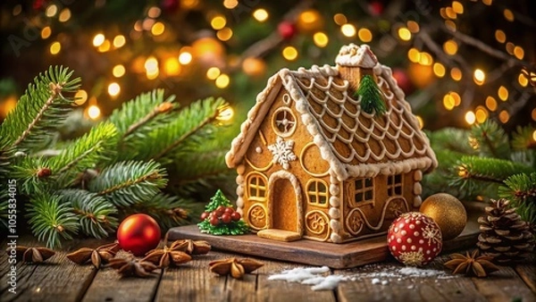 Obraz Gingerbread House Surrounded by Festive Ornaments and Green Spruce for Holiday Cheer