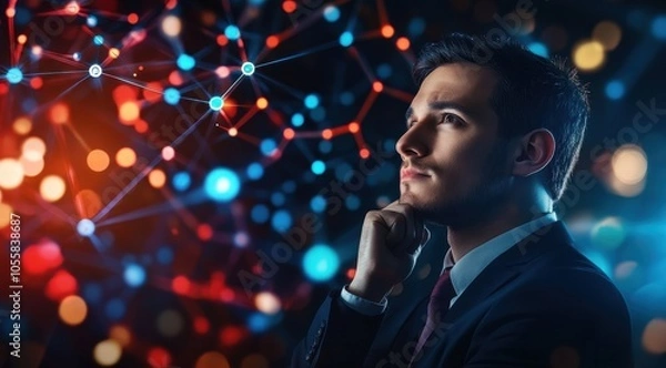 Fototapeta A businessman with his hand on his chin, thinking about something. Behind him is an abstract brain network in blue and red tones, with glowing dots connected