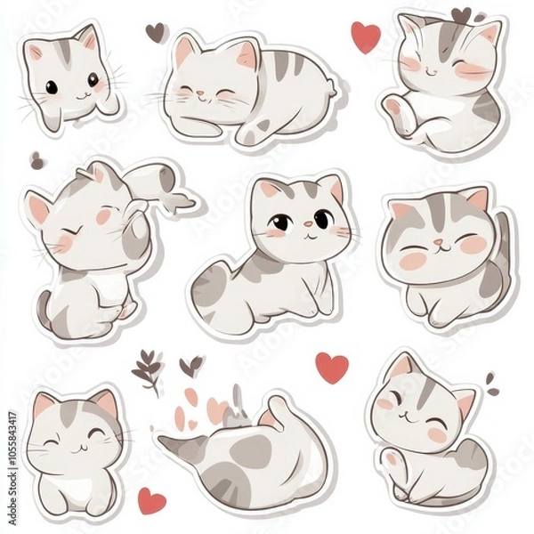 Fototapeta Cute cartoon cat stickers with various poses and expressions.