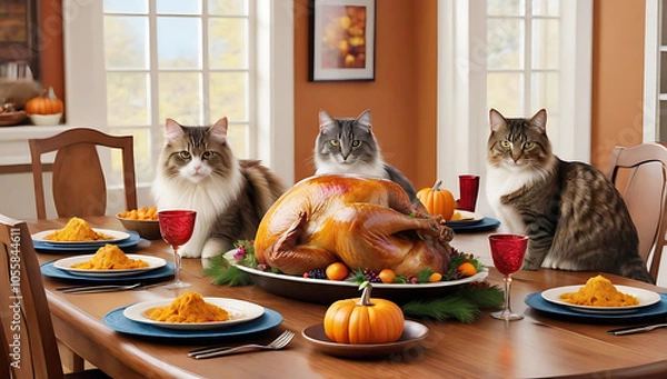 Fototapeta Thanksgiving party scene featuring a large dining table set with a beautifully roasted turkey as the centerpiece,chubby cats sit patiently, eagerly waiting for their turn to enjoy the feast