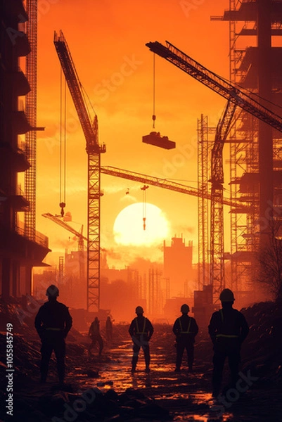 Fototapeta A group of construction workers, standing in the foreground, surrounded by towering cranes and steel beams under an orange sunset sky.