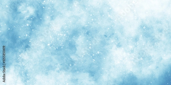Fototapeta A winter background with snowflakes and randomized floating bokeh, blue snow background texture, beautiful blue watercolor background with glitter particles, light blue bokeh background for design.