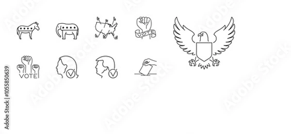 Obraz Election in US, line icon set - donkey, Democrats, elephant, Republicans, electoral map, hands, statement of vote, female candidate, male candidate, ballot paper, ballot box. Elections, voting.