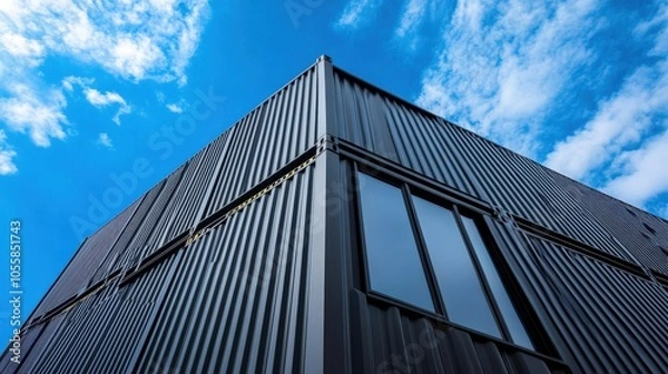Fototapeta Close-up of a towering black shipping container structure with crisp lines, against a vibrant blue sky.