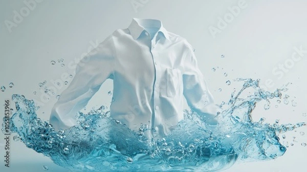 Obraz Photo of a white shirt in a blue detergent basin, displayed on a clean white background in 3D.