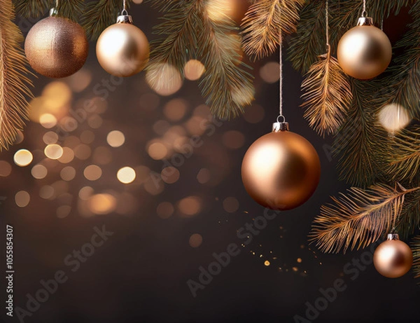 Obraz High-quality Christmas tree decorated with red and gold ornaments, close-up of lights and baubles