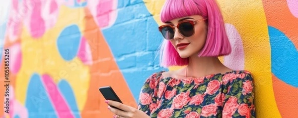 Obraz Woman with pink hair and sunglasses using phone in front of colorful wall.