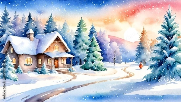 Obraz Cozy house in a snowy landscape at sunset with a person walking along the path