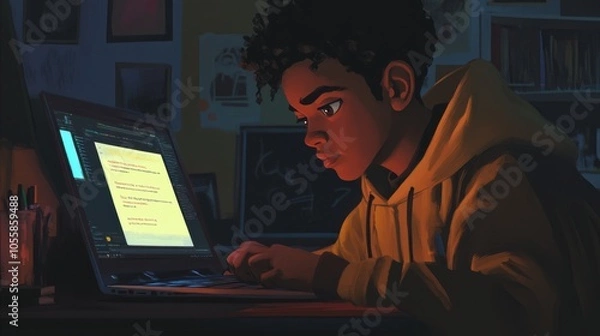 Fototapeta Capture a peaceful learning session with a student deeply focused on their laptop, showcasing the power of self-discipline.