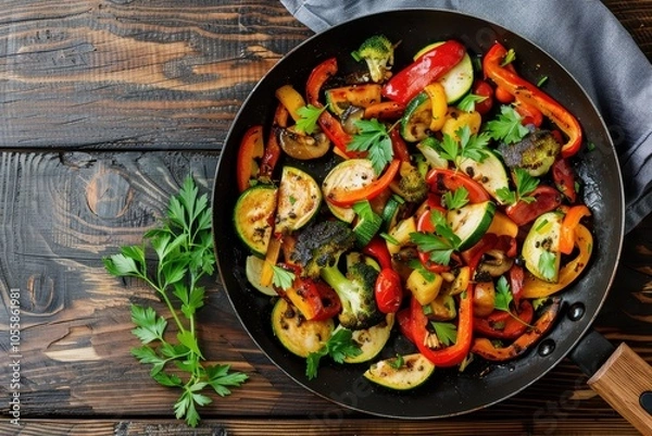 Fototapeta Top view of vegetable saute in frying pan on wood background