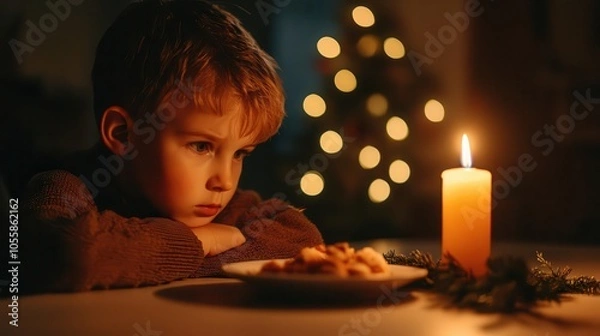 Fototapeta A small, dimly lit room with a single Christmas candle on a table, a child staring longingly at a modest meal