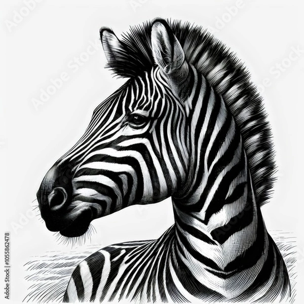 Fototapeta Zebra isolated on white. Black and white drawing, sketch.