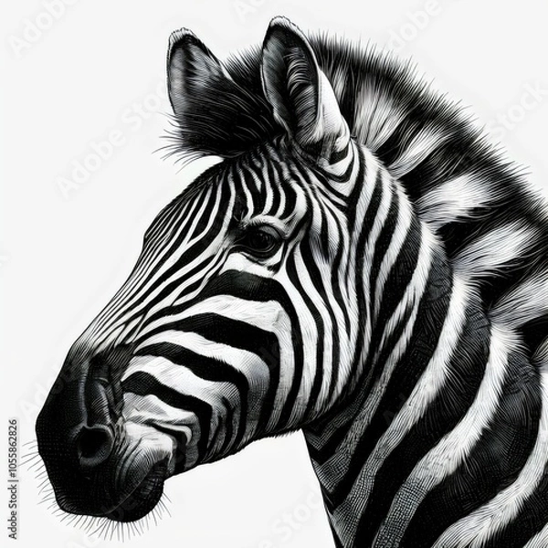 Fototapeta Zebra head isolated on white. Black and white drawing, sketch.