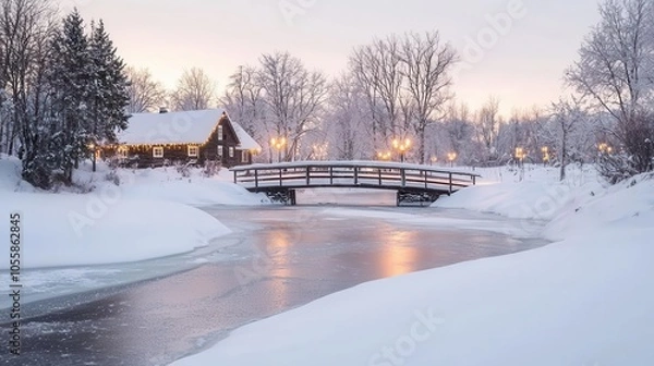Fototapeta A snowcovered bridge crossing a frozen river, lit by holiday lights, creating a magical winter scene