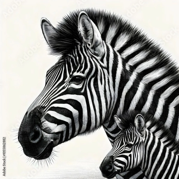 Fototapeta Zebra with foal, isolated on white.  Black and white illustration.