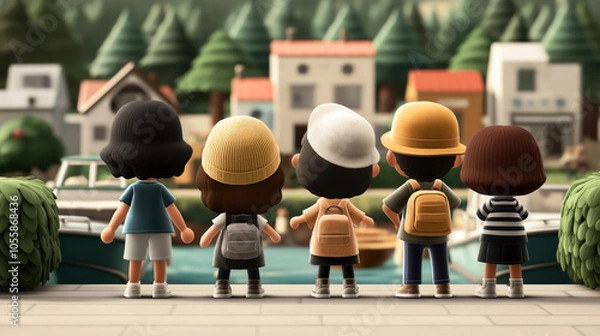Fototapeta Illustration of five animated characters with backpacks standing on a pier facing a village with trees and houses.