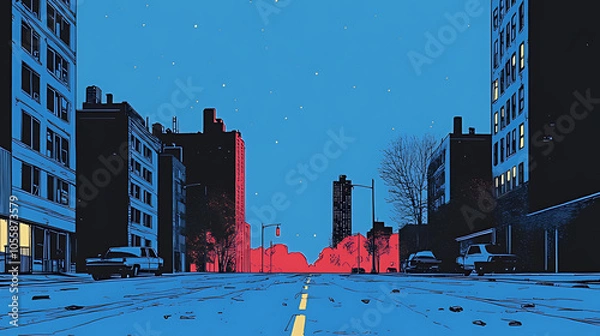 Obraz A deserted city street at night with tall buildings and a glowing red light in the distance.