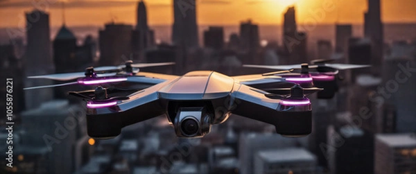 Obraz A drone hovers over a city skyline at sunset, capturing breathtaking aerial views of urban architecture and vibrant colors