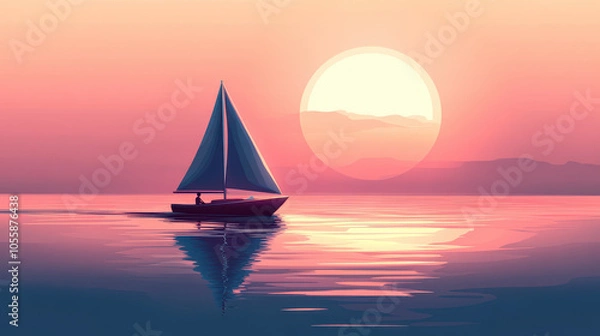 Fototapeta A serene illustration depicting a sailboat gliding across calm waters at sunrise. The vibrant colors create a peaceful atmosphere, perfect for relaxation
