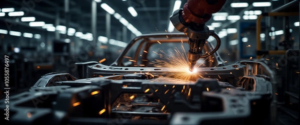 Obraz Robotic arm performing welding on automotive frame in a factory during nighttime