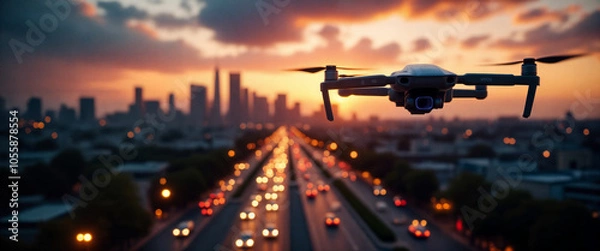 Obraz A drone captures the sunset view of a bustling cityscape with traffic flowing along the road, showcasing modern urban life