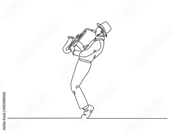 Fototapeta Continuous one line drawing of Saxophonist mucisian. Saxophone player single line art vector illustration. Editable vector.